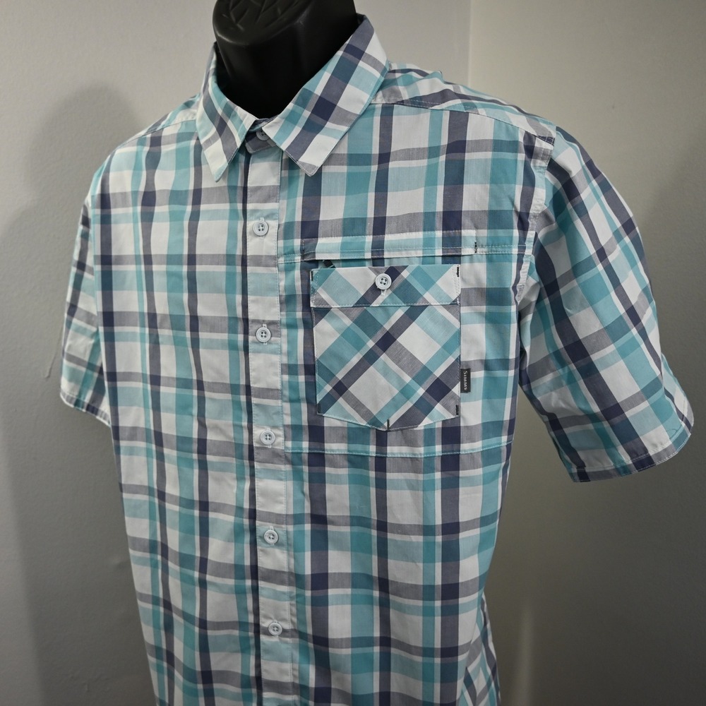 Simms Fishing Shirt Mens XL Regular Blue Plaid Short Sleeve Button Up Zip Pocket